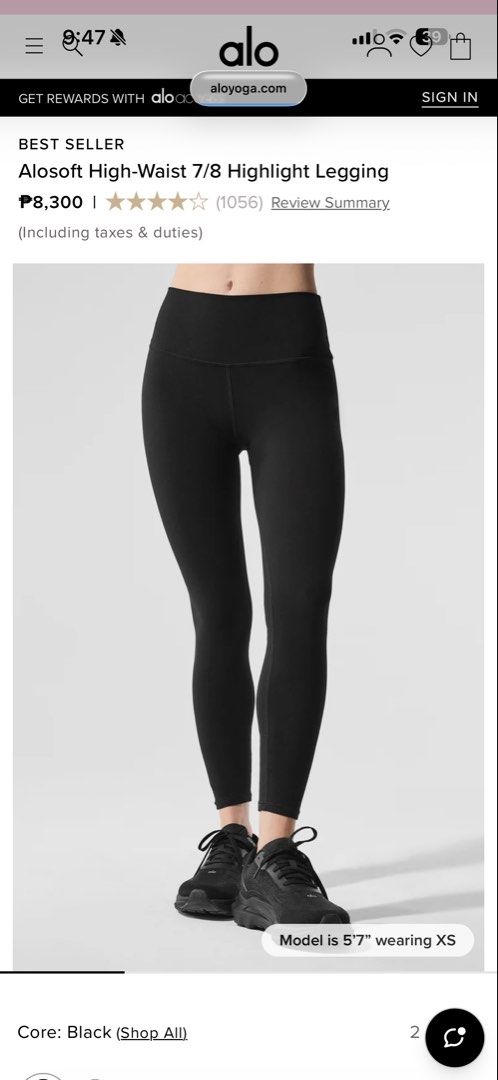 Alo leggings (Category: Activewear) located in Manila. Submitted by dodebelen (Listing ID 1456789775, Image 2). Description: Alosoft High-Waist 7/8 Highlight Legging Original Price ₱8,300 Still available in stores Size M.