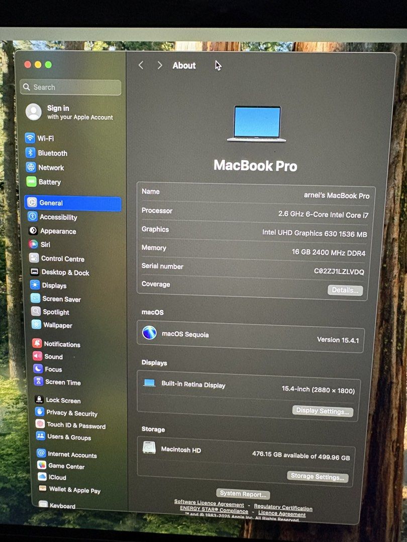 Apple MacBook Pro 15-inch 2019 Intel Core i7 (Category: Laptops & Notebooks) located in Quezon City. Submitted by arnelie172001 (Listing ID 1456847823, Image 1). Description: - 2019 MacBook Pro - Retina Display - 2.6 GHz 6-Core Intel Core i7 Processor - 16 GB RAM - 476.15 GB Storage - macOS Sequoia version 15.4.1 - Ideal for work or school.