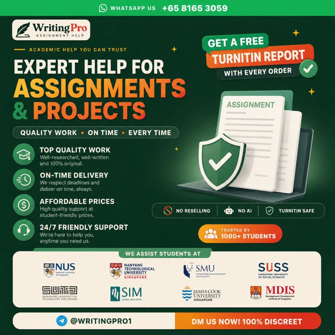 Assignment help Essay Writer Essay Writing Service Java Python SolidWorks HTML Programming Help (Category: Professional Skills) located in Singapore. Submitted by writingprosg (Listing ID 1406913651, Image 1). Description: Best Essay Writing Services in Singapore : Reach Me Out To Get Free Quotation for Essay Tele❗️: ( writingpro1 ) Need reliable help with your essay help, assignment help SUSS, reflection, or report? I provide professional, AI-Fr