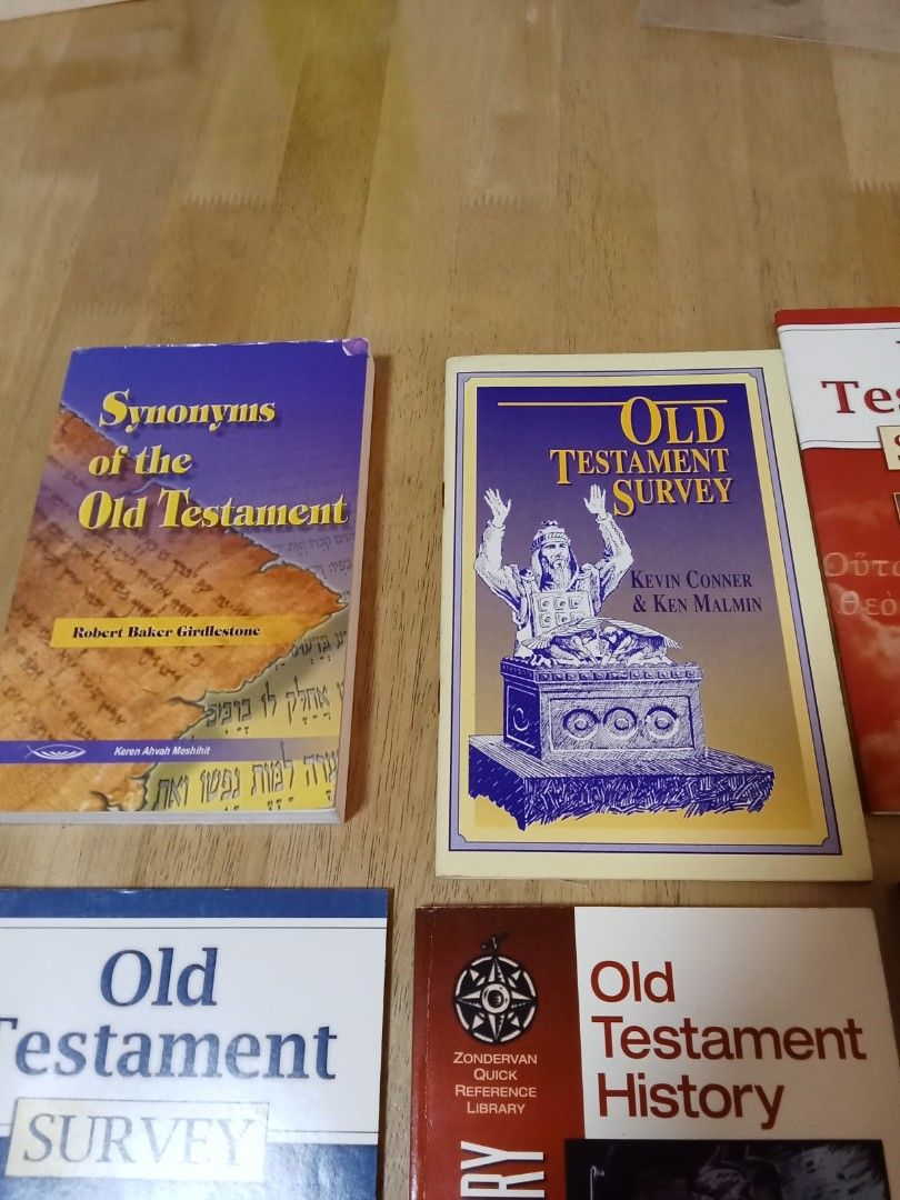 Assorted (Category: Religion Books) located in Singapore. Submitted by mnmwjnj (Listing ID 1456785083, Image 2). Description: - Assorted collection of religious study books. - Titles include: 'Synonyms of the Old Testament', 'Old Testament Survey' (x2), 'New Testament Survey', 'Old Testament History', and 'The New Covenant: The Synoptics in Context'. - Ideal for in-depth study of the Old and New Testaments. - Books are in good, pre-loved conditio