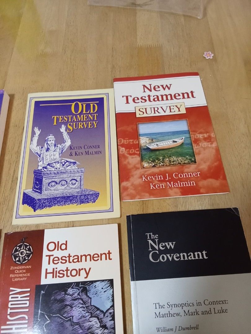 Assorted (Category: Religion Books) located in Singapore. Submitted by mnmwjnj (Listing ID 1456785083, Image 3). Description: - Assorted collection of religious study books. - Titles include: 'Synonyms of the Old Testament', 'Old Testament Survey' (x2), 'New Testament Survey', 'Old Testament History', and 'The New Covenant: The Synoptics in Context'. - Ideal for in-depth study of the Old and New Testaments. - Books are in good, pre-loved conditio