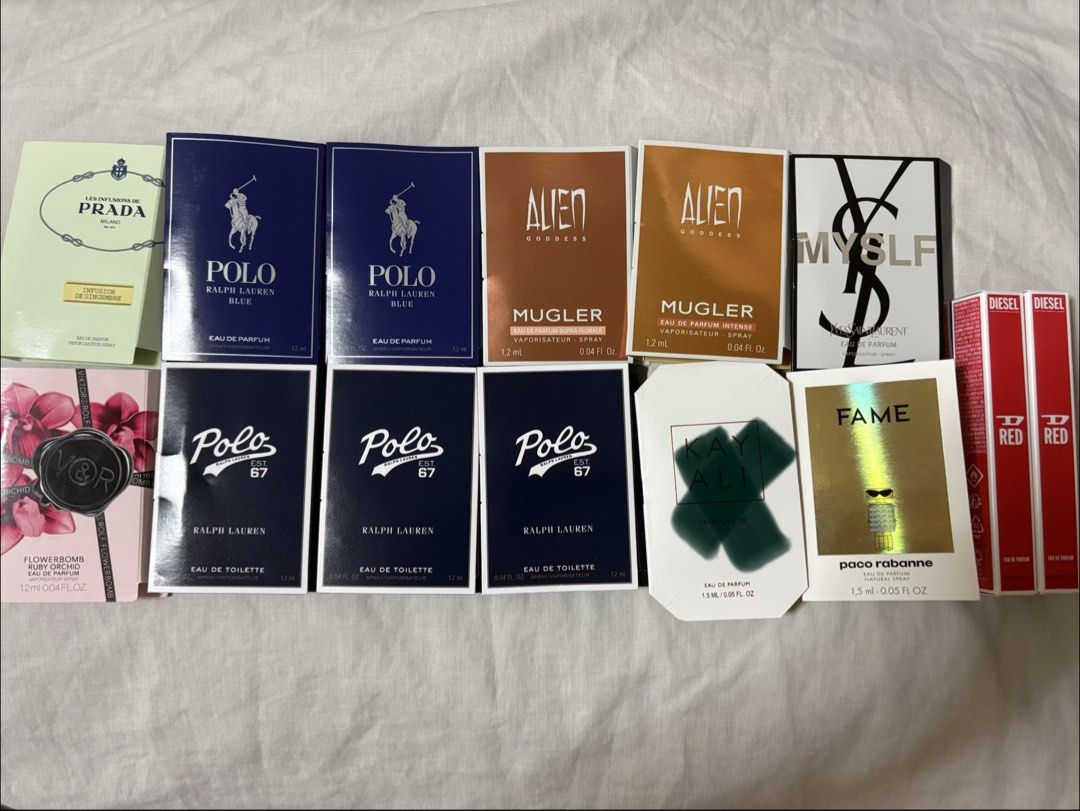 Assorted Perfume Samples (Category: Fragrance & Deodorants) located in Singapore. Submitted by dooly (Listing ID 1456932664, Image 1). Description: -Brand new small vial sprays from different brands - Brands include (Prada EDP x1, Viktor& Rolf x1, Ralph Lauren Blue EDP ×2 Ralph Lauren EDT X3, Mugler Alien Goddess EDP x2, YSL EDP x1, Paco Rabanne EDP x1, Diesel Red Sample x2-10ml, this is $3.5 ) - Size mostly is 1.2ML and a few is 1.5ML.