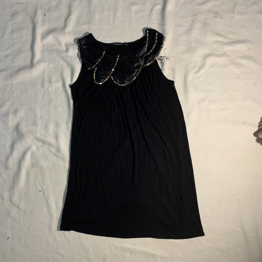 Atmosphere Beaded Black Sleeveless Dress (Category: Dresses) located in Caloocan City. Submitted by burautins (Listing ID 1456934038, Image 2). Description: ATMOSPHERE Beaded Black Sleeveless Dress Material Used: Cotton - Size: Small - Width: 14 - Length: 39 Pristine Condition. No Visible Flaws. Lightly used, perfect for occasions and formal attire Issue: Need washing Courier: J&T/Lalamove. Payment: Gcash / Maribank / nd SJDM Bulacan up to Sm Tun
