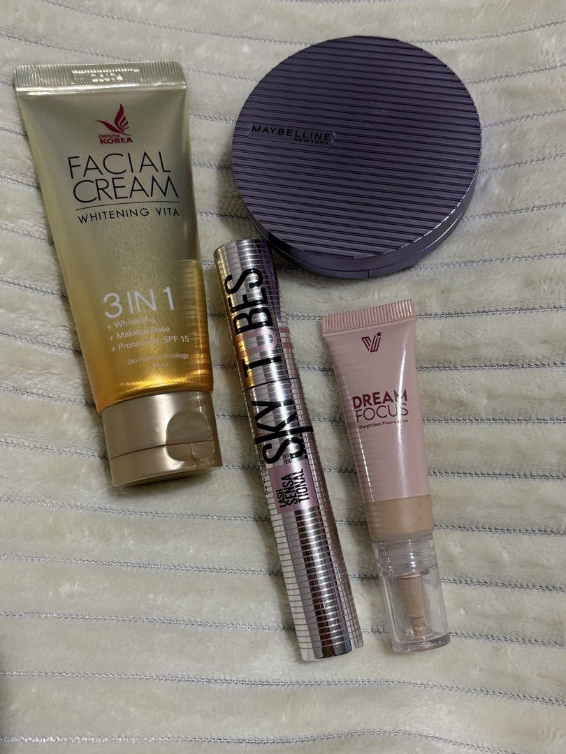 Auth Make up bundle (Category: Makeup) located in Baguio. Submitted by cloala (Listing ID 1456905827, Image 1). Description: Maybelline Super Stay Matte Max Cushion Foundation(shade:128)-SWATCHED ONLY Vice Co. Endlezz Dream Focus Foundation 10ml(shade:light neutral)-SWATCHED ONLY Maybelline Sky Tubes-Tubing Mascara-UNUSED iWhite Korea Facial Cream 65ml-SEALED/UNUSED ALL ARE 100% AUTHENTIC-BOUGHT FROM OFFICIAL STORES M-₱1,000.