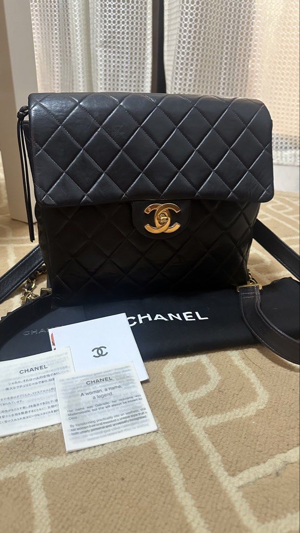 Authentic Chanel Backpack Turn Lock Flap Lambskin (Category: Luxury Bags & Wallets) located in Las Pinas. Submitted by marshmallowmax (Listing ID 1456797738, Image 2). Description: Guaranteed Authentic! Still in excellent condition. No flaws No tarnish No bag spa Comes with dustbag and papers only lost card Size: W24 H22 D8 CM.