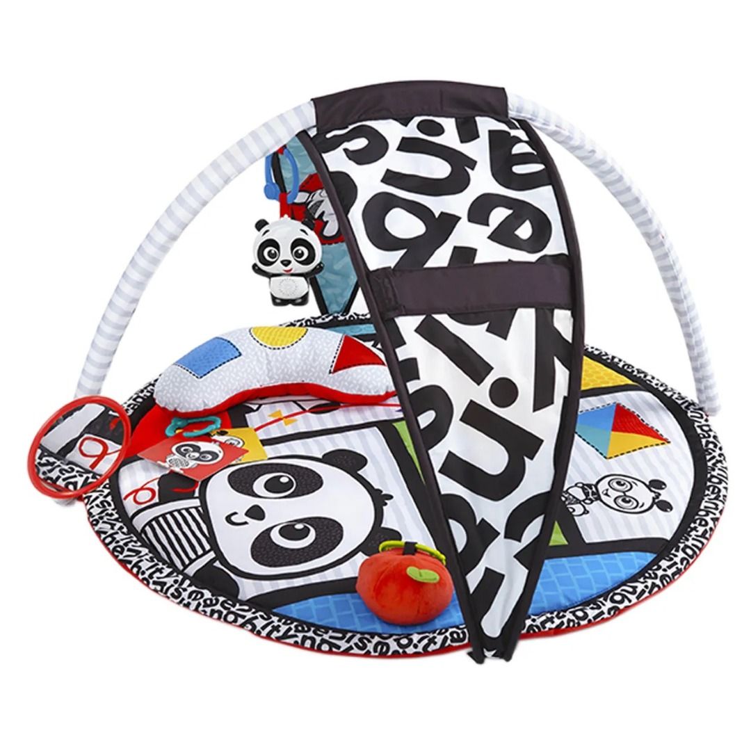 Baby Einstein Bold New World High Contrast Playmat (Category: Infant Playtime) located in Makati City. Submitted by travelfinds34611 (Listing ID 1456856902, Image 1). Description: - Play gym perfect for tummy time and play. - Comes with a comfy bolster pillow. - Includes engaging hanging toys: panda, mirror, and rattle (apple). - Black and white patterned mat designed for visual stimulation. - Easily folds up for convenient storage. High-Contrast