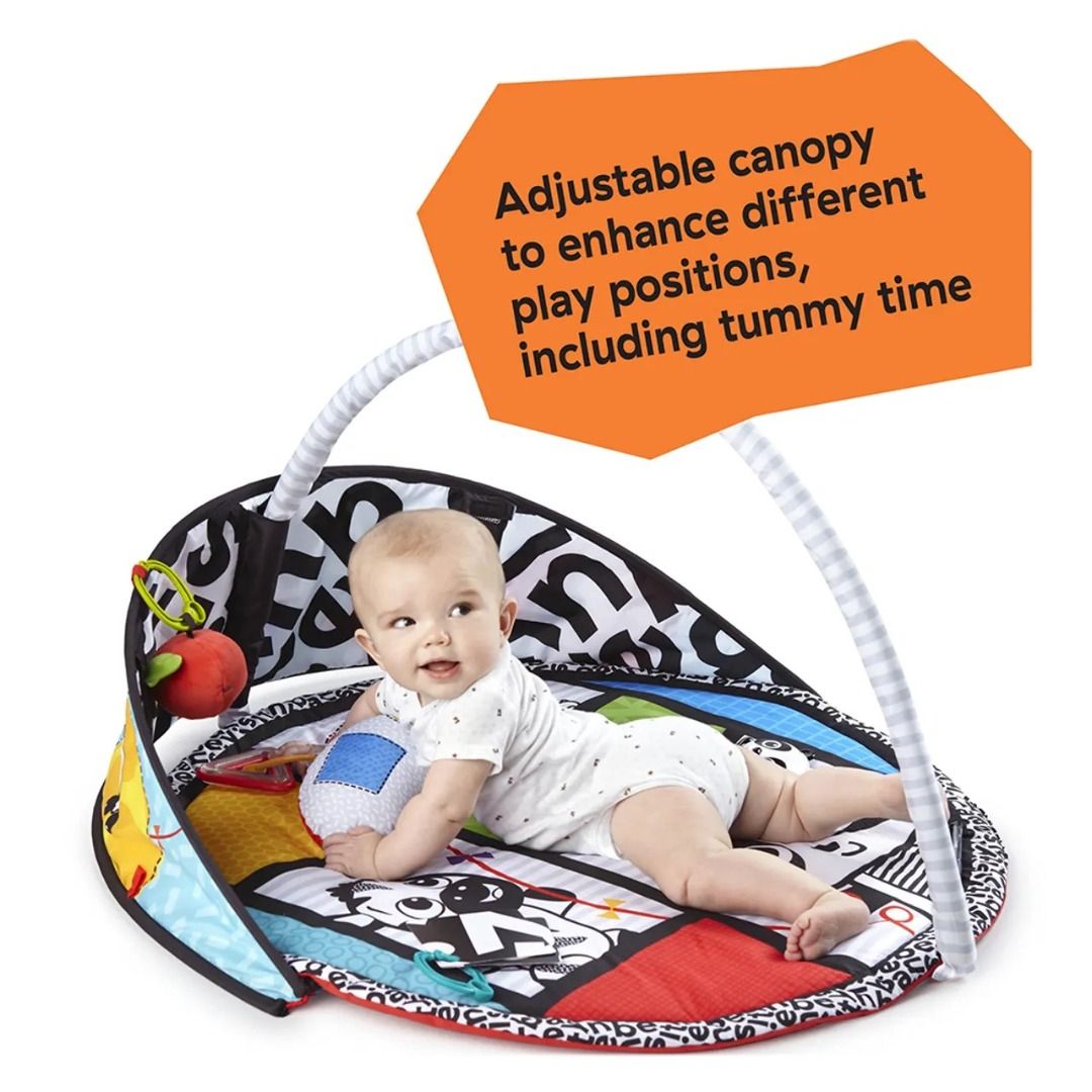 Baby Einstein Bold New World High Contrast Playmat (Category: Infant Playtime) located in Makati City. Submitted by travelfinds34611 (Listing ID 1456856902, Image 3). Description: - Play gym perfect for tummy time and play. - Comes with a comfy bolster pillow. - Includes engaging hanging toys: panda, mirror, and rattle (apple). - Black and white patterned mat designed for visual stimulation. - Easily folds up for convenient storage. High-Contrast