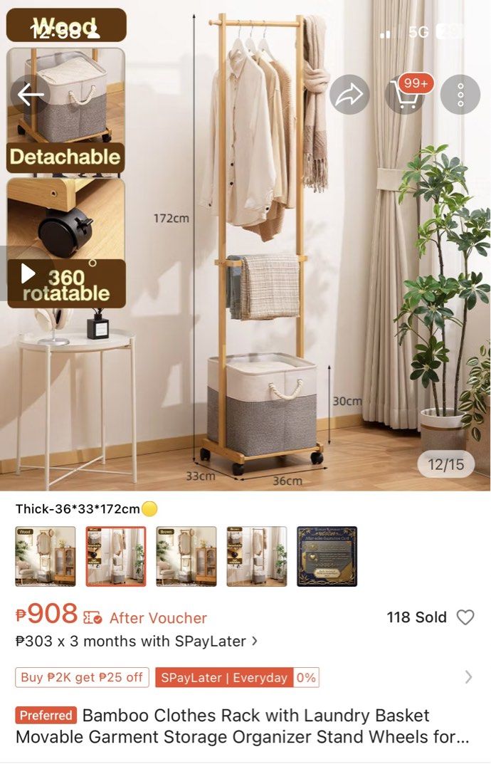 Bamboo Clothes Rack with Laundry Basket and Wheels (Category: Shelves, Cabinets & Racks) located in Manila. Submitted by ragssurplus (Listing ID 1456922864, Image 2). Description: - Sturdy wooden clothes rack - Features 360° rotatable wheels for effortless mobility - Ideal for organizing clothes and laundry - Dimensions: 33cm (W) x 36cm (D) x 172cm (H) -No basket just rack .
