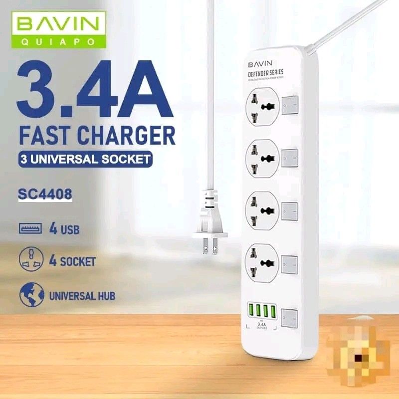 BAVIN Defender Series 3.4A Fast Charger 4 USB 4 Socket Power Strip (Category: Electrical, Adaptors & Sockets) located in Manila. Submitted by marvieobordo (Listing ID 1456934674, Image 1). Description: - BAVIN Defender Series Power Strip (Model SC4408) - 4 Universal Sockets: Fits international plugs, with individual switches for each socket. - 4 USB Ports: For fast charging. - Total Output: 3.4A / 17W - Safety: Made with fireproof PC material, re