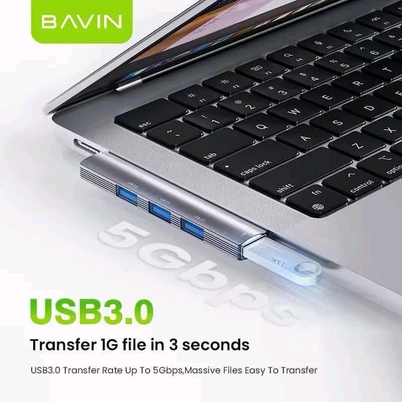 Bavin HUB-22 4-in-1 USB Hub Adapter (Category: Cables & Adaptors) located in Manila. Submitted by marvieobordo (Listing ID 1456934428, Image 3). Description: - Bavin HUB-22 4-in-1 Adapter - Ports: 2x USB 2.0, 1x USB 3.0, 1x Type-C - USB 3.0 Speed: Up to 5Gbps (transfer 1GB in 3 seconds) - Connect multiple devices: keyboards, mice, USB drives - Direct plug-in design for a secure fit on your laptop.