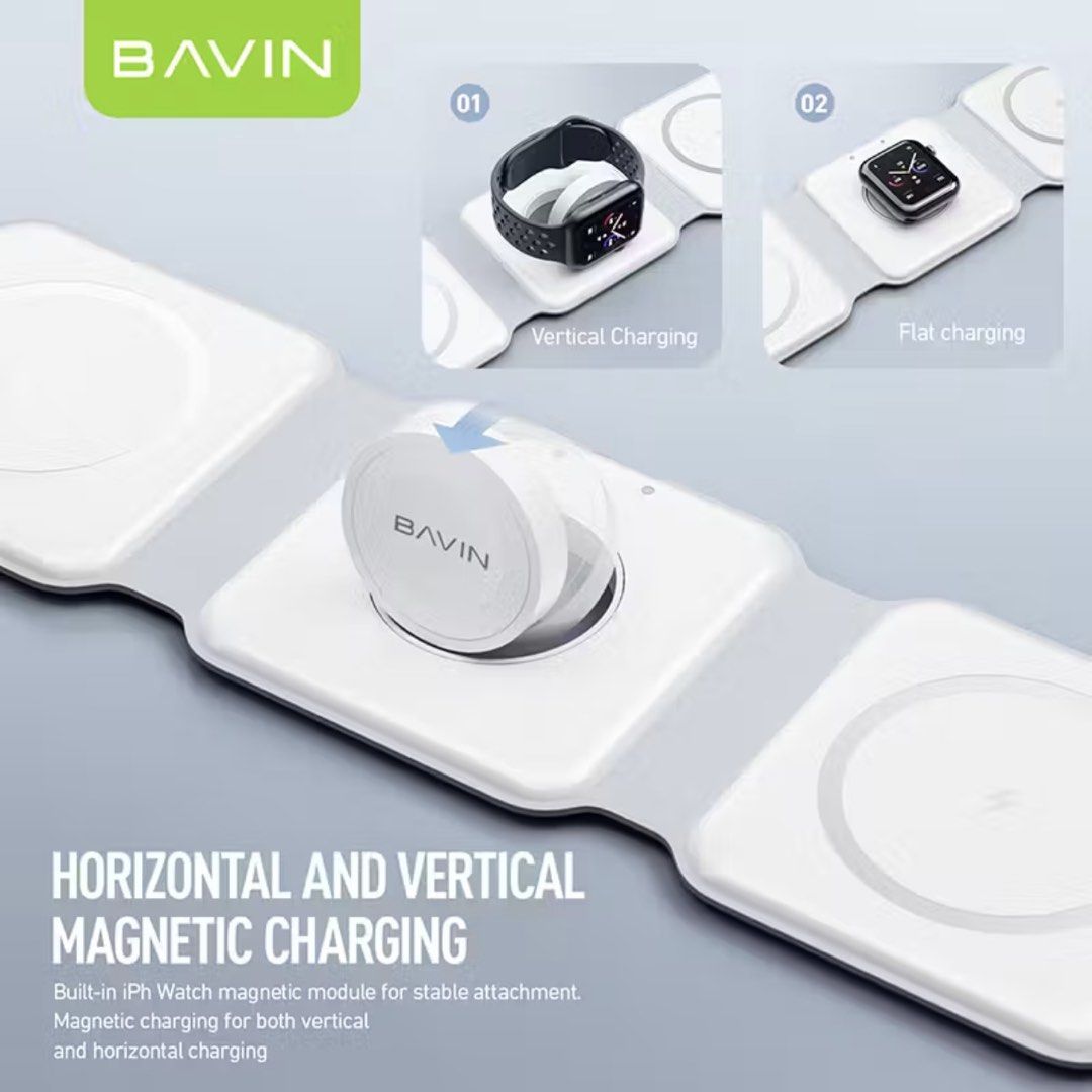 Bavin Magnetic Wireless Charger PC962 (Category: Chargers & Cables) located in Quezon City. Submitted by jansen.ng (Listing ID 1456788745, Image 3). Description: Bavin 3-in-1 Magnetic Wireless Charger PC962. Charges phone, watch, and earbuds. Foldable and portable. Magnetic attachment. Vertical/horizontal charging..