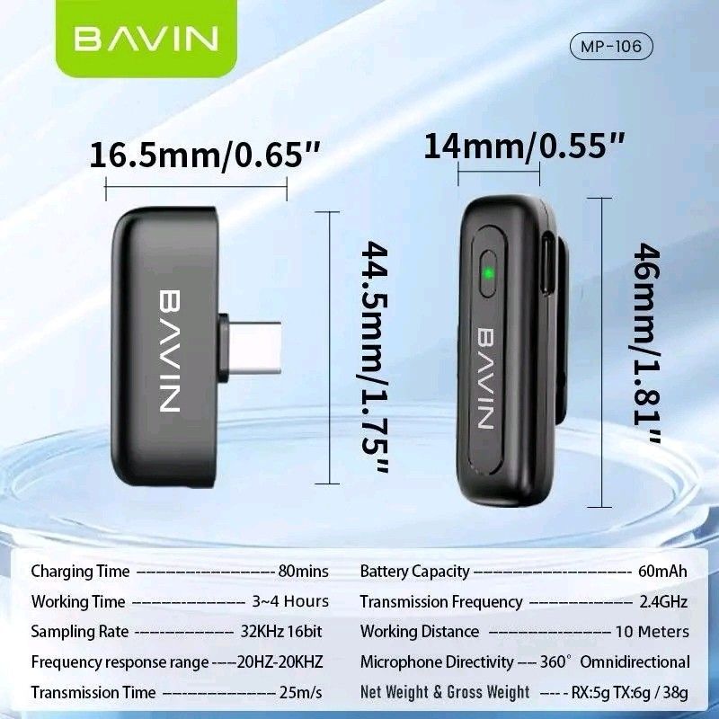 Bavin MP-106 Type-C Wireless Microphone (Category: Microphones) located in Manila. Submitted by marvieobordo (Listing ID 1456854232, Image 2). Description: - Bavin MP-106 Wireless Microphone with Type-C Port - Universal compatibility with various devices - 360° omnidirectional sound pickup - Anti-distortion technology for clear audio - Up to 10 meters recording distance - Simultaneous charging and recording capability - High sampling rate and 16-