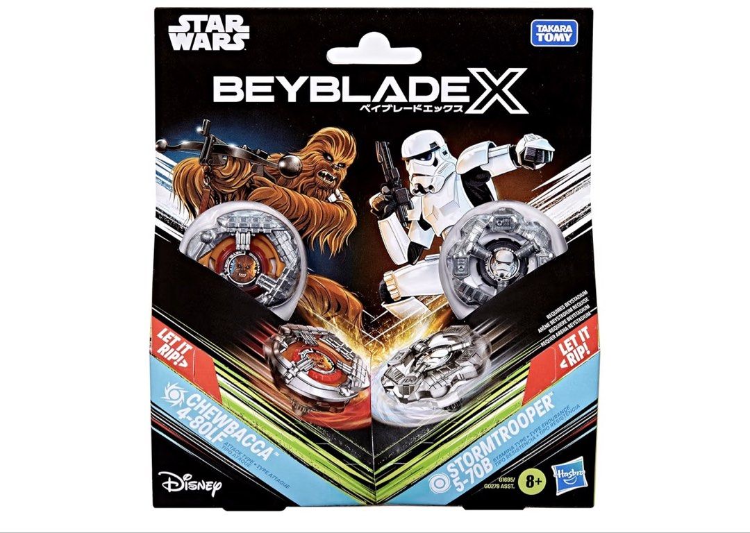 Beyblade X ⚔️ Star Wars 4-80LF & 5-70B聯乘版 陀螺套裝 （分類：動作及對戰玩具）位於 Hong Kong。 由 jojozi 提交（商品編號 1456917795，圖片 1）。簡介： 🌟 Hasbro Beyblade X × STAR WARS 聯名系列 ⚔️✨ Chewbacca 🆚 Stormtrooper！ Star Wars 粉絲一定唔可以錯過🔥 🟤 Chewbacca 4-80LF ⚪️ Stormtrooper 5-70B ✨ Chewbacca & Stormtrooper 經典角色造型 ⚡️ Beyblade X 高速戰鬥系統 🎯 一盒兩個陀螺，直接開戰！ 🔥 Star Wars 聯名設計，玩得又可以收藏 🚀 Chewbacca VS Stormtrooper 今次邊個可以成為最後勝利者？😎 🛍️預購款式 📦 澳洲直送香港 🇦🇺➡️🇭🇰 。