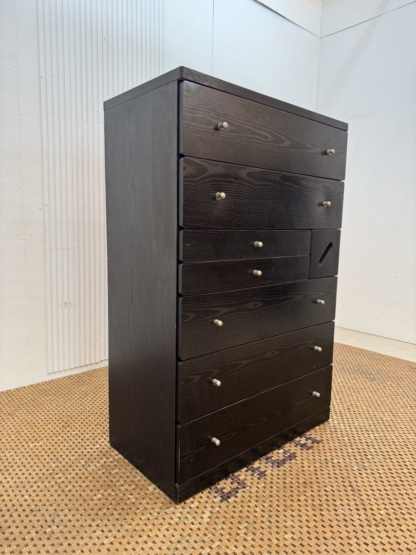 Black chest of drawer (Category: Shelves, Cabinets & Racks) located in Quezon City. Submitted by matetdevis13 (Listing ID 1456791764, Image 2). Description: Elegant Black 8-Tier Chest of Drawer Price: 5,500 L33.5 x W17.5 x H49 In good condition Code JMD25-D1911.