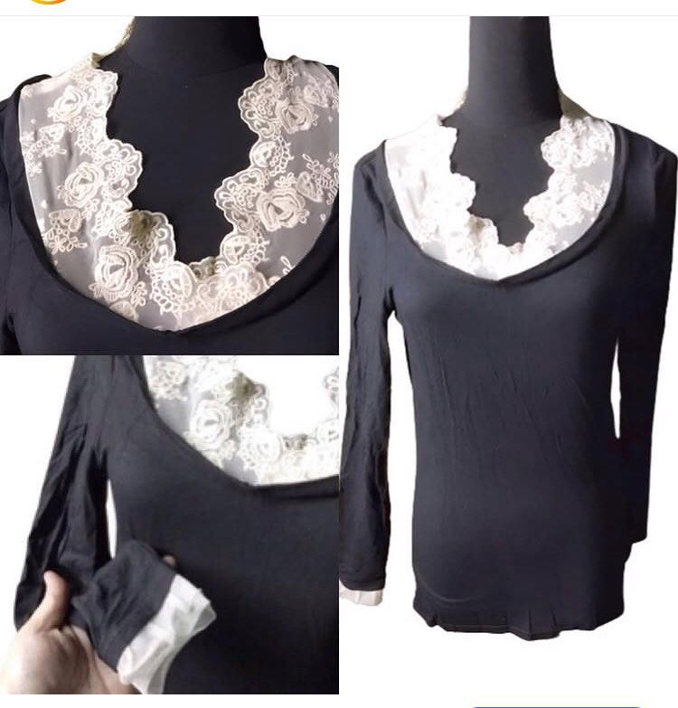 Black Long Sleeve Top with White Lace Collar (Category: Blouses) located in Marikina City. Submitted by theconstantdeclutterer (Listing ID 1456893327, Image 1). Description: New Jersey black long-sleeved top with a delicate white floral lace collar and cuffs. Fits S/M. Order now! .