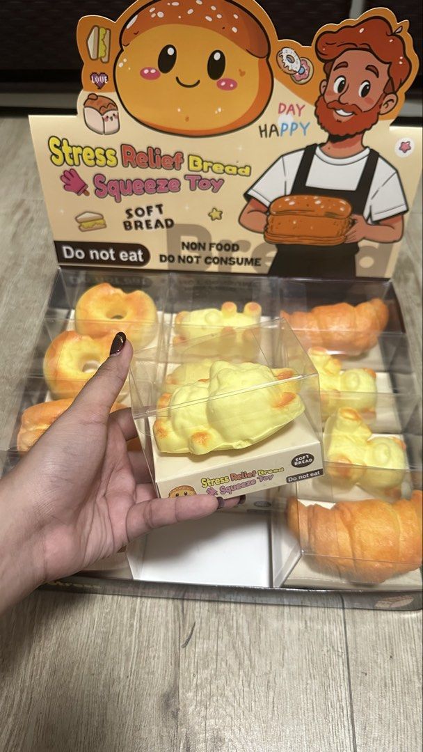 BREAD SQUISHY (Category: Kids Toys) located in Caloocan City. Submitted by jobagads (Listing ID 1456931829, Image 2). Description: - Cute bread-shaped squeeze toys - Perfect for stress relief and fidgeting - Set includes donuts, croissants, and bread rolls - Soft and squishy texture - Non-food item (do not consume) - Suitable for both kids and adults.