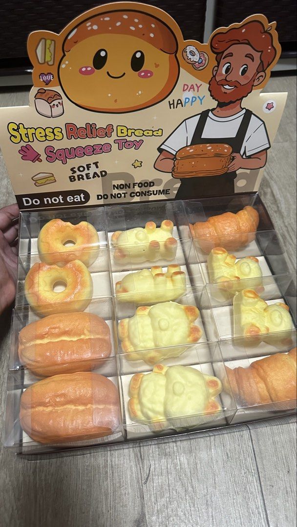 BREAD SQUISHY (Category: Kids Toys) located in Caloocan City. Submitted by jobagads (Listing ID 1456931829, Image 1). Description: - Cute bread-shaped squeeze toys - Perfect for stress relief and fidgeting - Set includes donuts, croissants, and bread rolls - Soft and squishy texture - Non-food item (do not consume) - Suitable for both kids and adults.