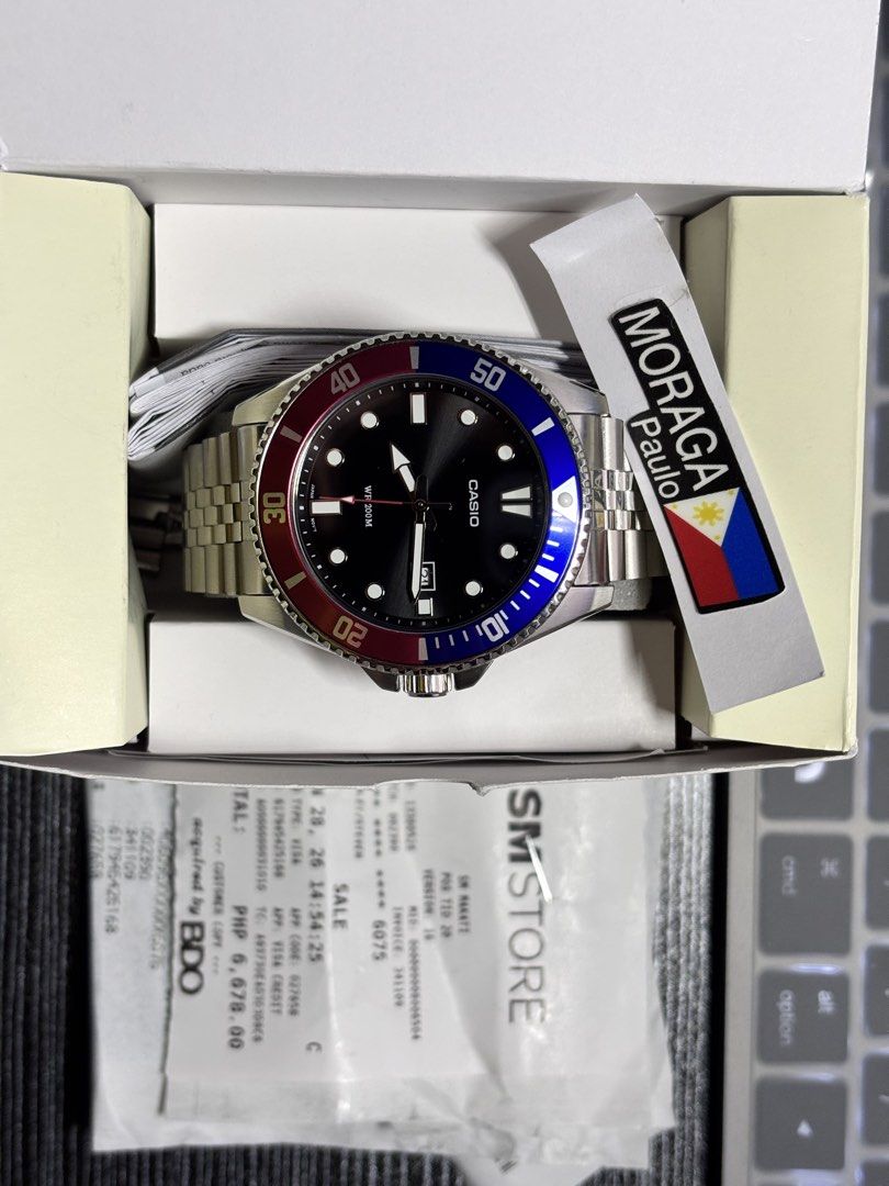 Casio Duro Pepsi MDV-107D-1A3 (Category: Men's Watches) located in Mandaluyong City. Submitted by paupaupaupaupau. (Listing ID 1456894980, Image 3). Description: Casio Duro “Pepsi” Diver (MDV-107D-1A3) – Upgraded Jubilee + OEM Bracelet Selling a near-new Casio Duro MDV-107 with the iconic red-and-blue “Pepsi” bezel. Fitted with a stylish Jubilee bracelet for an elevated look, with the stock bracelet included. Key Details Purchase Date: June 28, 2