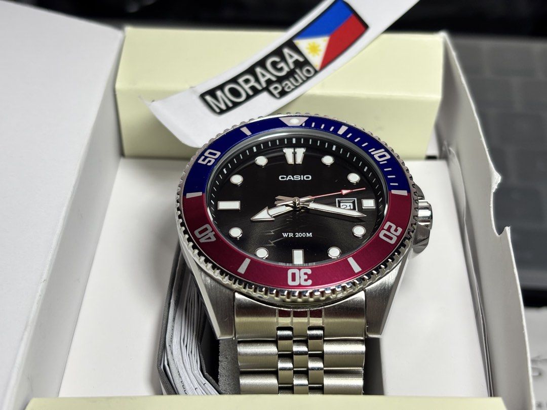Casio Duro Pepsi MDV-107D-1A3 (Category: Men's Watches) located in Mandaluyong City. Submitted by paupaupaupaupau. (Listing ID 1456894980, Image 2). Description: Casio Duro “Pepsi” Diver (MDV-107D-1A3) – Upgraded Jubilee + OEM Bracelet Selling a near-new Casio Duro MDV-107 with the iconic red-and-blue “Pepsi” bezel. Fitted with a stylish Jubilee bracelet for an elevated look, with the stock bracelet included. Key Details Purchase Date: June 28, 2