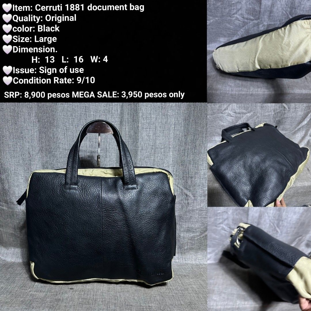 Cerruti 1881 Original Black Leather Document Bag - Large (Category: Briefcases) located in Manila. Submitted by almonddy26 (Listing ID 1456936722, Image 1). Description: - Authentic Cerruti 1881 document bag - Color: Black - Size: Large - Dimensions: Height 13 inches, Length 16 inches, Width 4 inches - Condition: 9/10 (slight signs of use) - Original Price: ₱8,900 - MEGA SALE Price: ₱3,950.