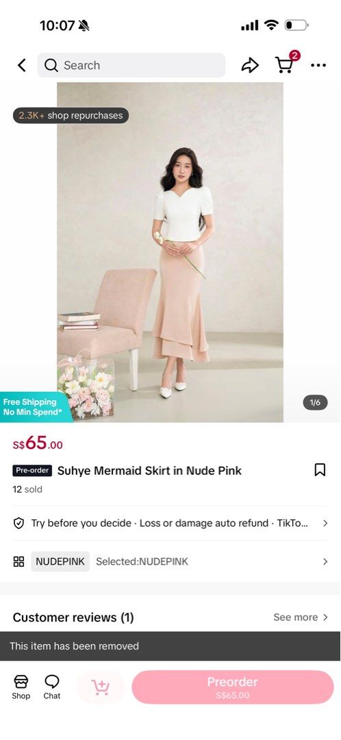 CHELLO (Category: Skirts) located in Singapore. Submitted by bloopooooo (Listing ID 1456912886, Image 4). Description: Suhyee mermaid skirt In nude pink and white Brand new unworn no tags Size s Blue top from chello Size L Unworn no tags .