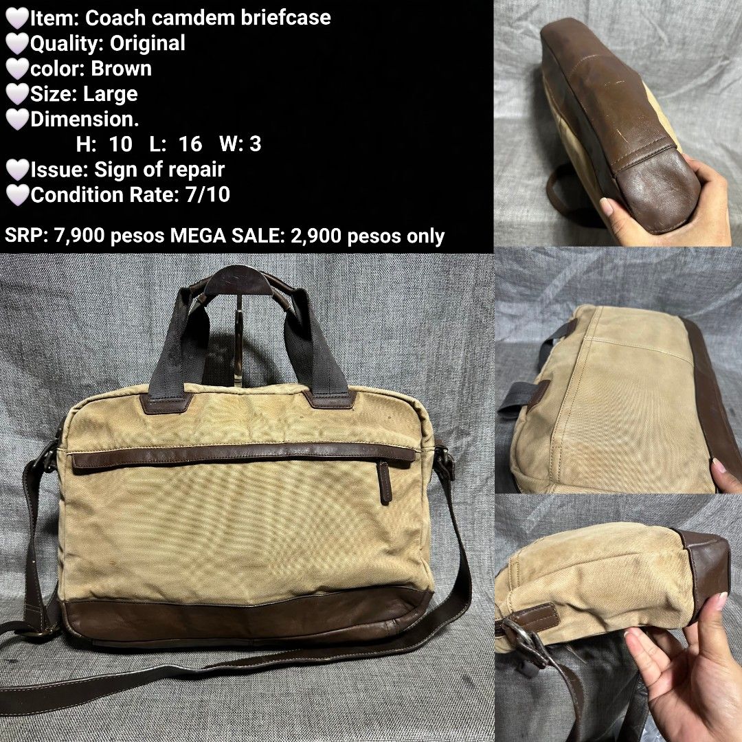 Coach Camdem Briefcase Large Brown Original (Category: Briefcases) located in Manila. Submitted by almonddy26 (Listing ID 1456898363, Image 1). Description: - Coach Camdem Briefcase (Large Size) - Original Quality - Color: Brown - Dimensions: H: 10, L: 16, W: 3 - Note: Has a sign of repair - Condition: 7/10 - Original Price: ₱7,900 - MEGA SALE Price: ₱2,900.