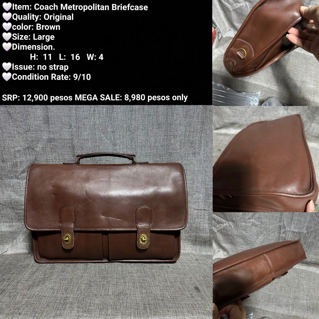 Coach Metropolitan Briefcase Large Brown Leather (Category: Briefcases) located in Manila. Submitted by almonddy26 (Listing ID 1456898122, Image 1). Description: - Original Coach Metropolitan Briefcase (Large Size) - Luxurious Brown Leather - Dimensions: H: 11", L: 16", W: 4" - **Strap NOT included** - Condition: 9/10 (Excellent) - Original SRP: ₱12,900 - Mega Sale Price: ₱8,980!.