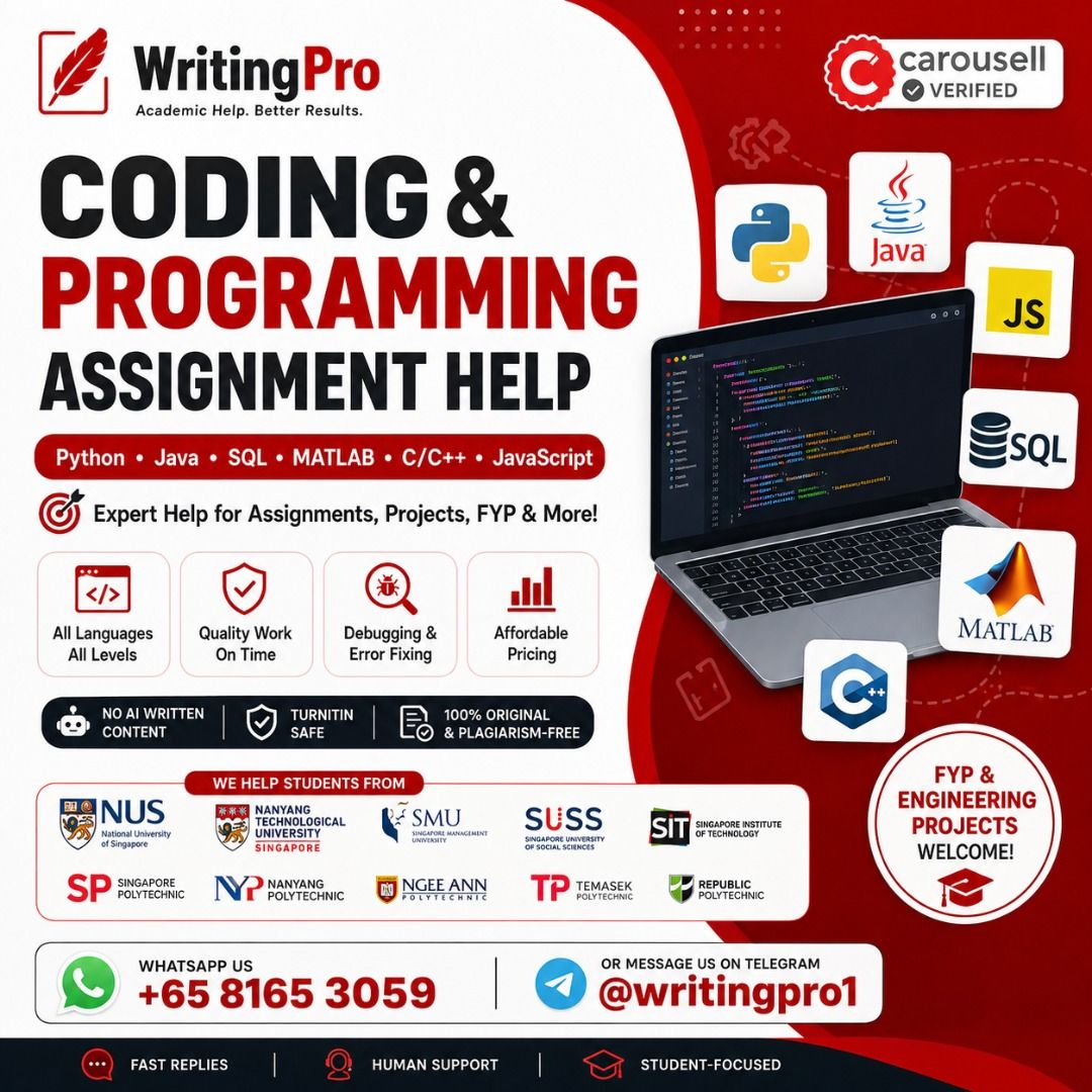 Coding Help | Programming Assignment | Python, Java, SQL, MATLAB, SolidWorks | FYP & Engineering Projects (Category: Professional Skills) located in Singapore. Submitted by writingprosg (Listing ID 1413565048, Image 1). Description: 💻 Coding & Programming Assignment Help | Python • Java • SQL • MATLAB • Engineering Stuck with a coding assignment, programming project or engineering FYP? Get reliable 1-to-1 technical tutoring, debugging, programmi