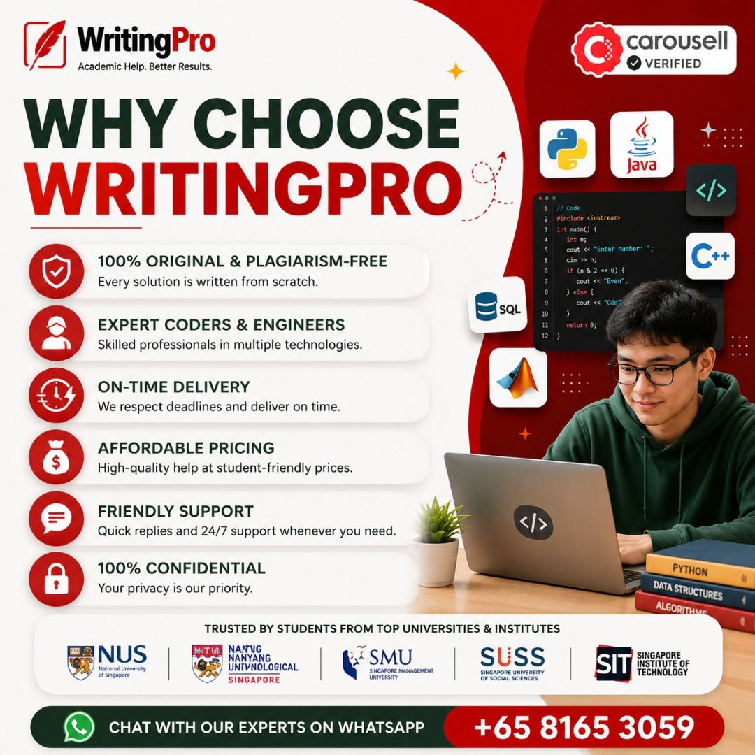 Coding Help | Programming Assignment | Python, Java, SQL, MATLAB, SolidWorks | FYP & Engineering Projects (Category: Professional Skills) located in Singapore. Submitted by writingprosg (Listing ID 1413565048, Image 2). Description: 💻 Coding & Programming Assignment Help | Python • Java • SQL • MATLAB • Engineering Stuck with a coding assignment, programming project or engineering FYP? Get reliable 1-to-1 technical tutoring, debugging, programmi
