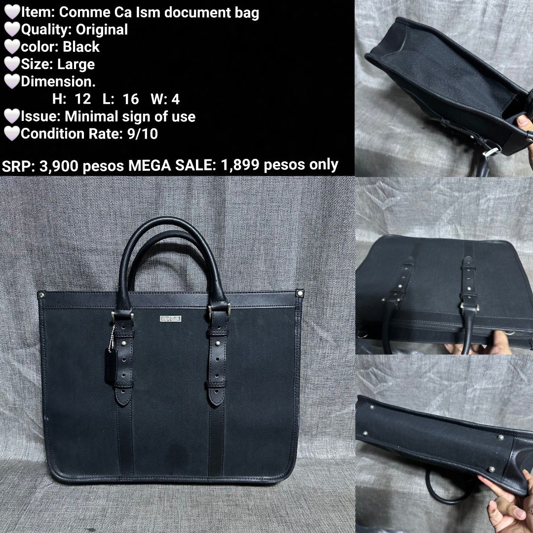 Comme Ca Ism Large Black Document Bag (Category: Briefcases) located in Manila. Submitted by almonddy26 (Listing ID 1456939602, Image 1). Description: - Brand: Comme Ca Ism - Color: Black - Type: Document Bag - Size: Large - Dimensions: H: 12 inches, L: 16 inches, W: 4 inches - Condition: Great, with minimal signs of use - Original Price: P3,900 - Selling Price: P1,899.