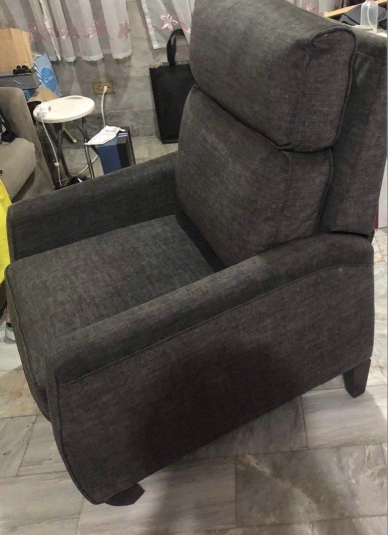 Dark Gray Padded Fabric Reclining Chair (Category: Chairs) located in Manila. Submitted by Mike_MJ (Listing ID 1456811934, Image 3). Description: Can make offer (Paco, Manila) Good Condition Can be deliver or pickup.