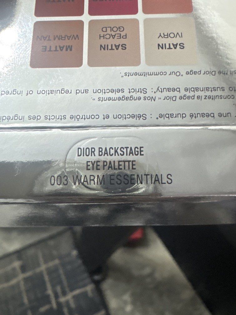 Dior Backstage 003 Warm Essentials Eye Palette (Category: Makeup) located in Angeles City. Submitted by migs_font29 (Listing ID 1456925897, Image 3). Description: - Dior Backstage Eye Palette in 003 Warm Essentials - Features 9 ultra-pigmented eyeshadow shades - Includes a mix of matte, satin, and shimmer finishes - Dior logo embossed on central shades - Comes in original packaging.