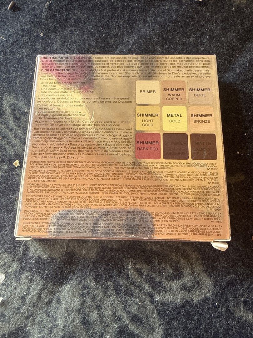 Dior Backstage Eye Palette 006 Bronze Neutrals (Category: Makeup) located in Angeles City. Submitted by migs_font29 (Listing ID 1456924304, Image 3). Description: - Dior Backstage Eye Palette in shade 006 Bronze Neutrals - Features 9 versatile shades - Includes a primer, shimmering finishes, and matte options - High-pigment formula for intense color payoff - Delivers professional-quality performance - Perfect for creating a wide range of eye look