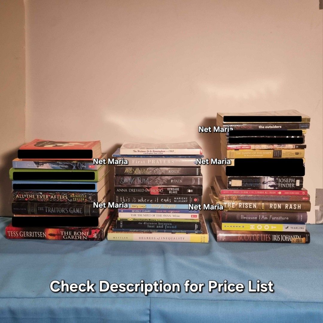 Discounted Preloved Books International Copy (Category: Storybooks) located in Quezon. Submitted by netmaria (Listing ID 1446312924, Image 1). Description: 📚 FS: Discounted Preloved Books!‼️ Chamber of Secrets Harry Potter OP: 449 SP: 250 All The Ever Afters OP: 864 SP: 350 The Traitor’s Game OP: 799 SP: 350 The Shadow of the Wind OP: 680 SP: 200 The Bone Garden SP: 150 First Prayers (Children's Book HC) SP: 150 Asylum OP: 359 SP: 150 Sanctum OP