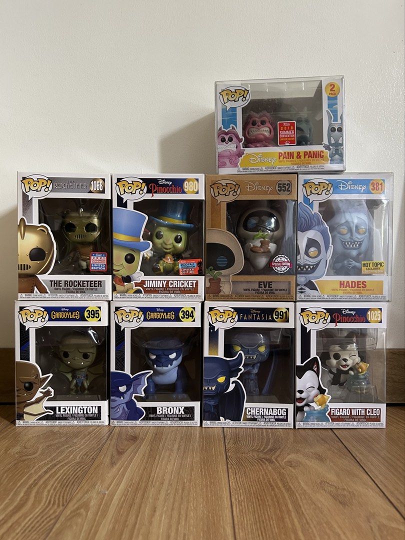 Disney Funko Pops (Category: Designer & Blind Box Toys) located in Quezon City. Submitted by any.every (Listing ID 1456811145, Image 1). Description: mint condition Pain & Panic - 2000 top row - 800 each bottom row - 400 each Pinocchio Gargoyles Rocketeer Hercules Wall-E.