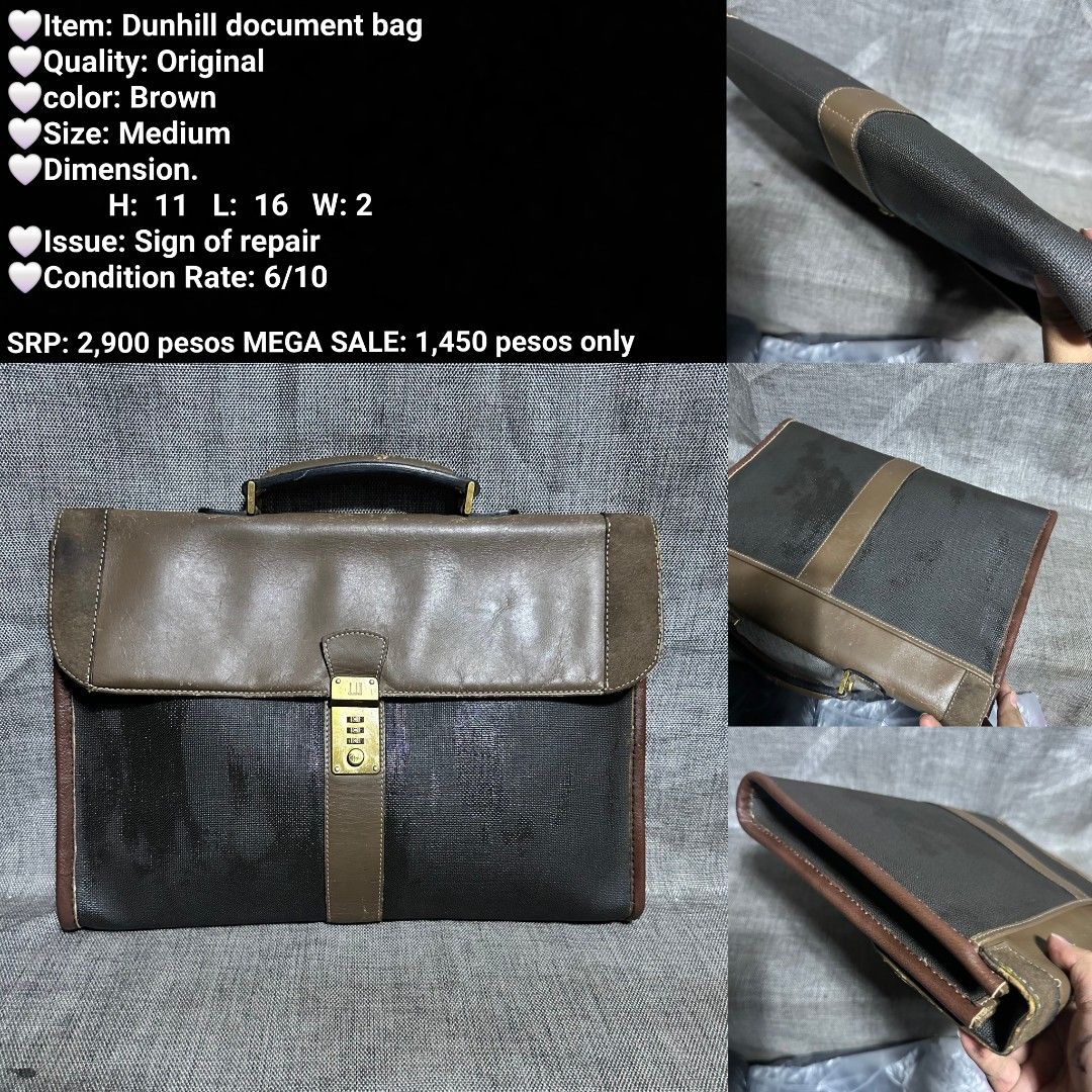 Dunhill Original Brown Leather Document Bag - Medium (Category: Briefcases) located in Manila. Submitted by almonddy26 (Listing ID 1456939662, Image 1). Description: - Brand: Dunhill - Quality: Original - Color: Brown - Size: Medium - Dimensions: H: 11, L: 16, W: 2 - Condition: 6/10 (with a sign of repair) - Original Price: 2,900 pesos - MEGA SALE Price: 1,450 pesos.
