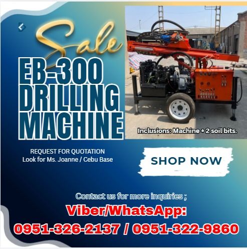 EB-300 Water well drilling machine Inclusions: Machine + 2 soil bits. (Category: Construction Tools & Equipment) located in Caloocan City. Submitted by cleverdog_5a203a (Listing ID 1456869101, Image 1). Description: PHP 1,152,900 Machines only NOTE : The pipe and PDC bits for drilling through rock are not included, as these will depend on the specific requirements. Parameter EB-300 Overall dimension : 2300*1310*1700mm Drill weight : 1750kg Engine