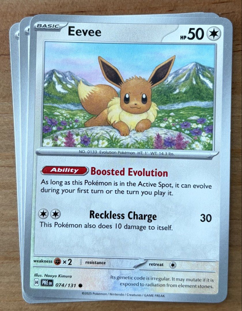 Eevee | Pokemon Cards ~ Prismatic Evolutions (Category: Raw Singles) located in Makati City. Submitted by cardlab (Listing ID 1456886338, Image 1). Description: Items are 💯 authentic/original/legit. About The Card: •Language: EN • Number: 074/131 • Common • Normal FOR: • Cards ₱99 and below with Card Sleeves • Cards ₱100 and up with Card Sleeves and Used Toploader • ₱10 for Bnew Tops Packaging (If Shipping): ✔️ Plastic cover ✔️ Cardboard ✔️ Bubb