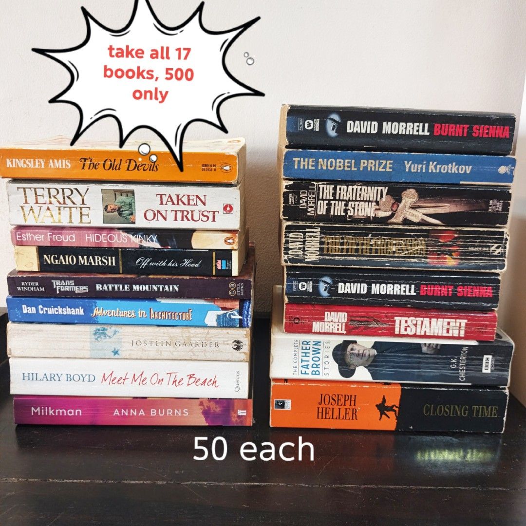 Fiction books (get all 17 for 500 only) (Category: Storybooks) located in Pasig City. Submitted by ravagingbooks (Listing ID 1456881978, Image 1). Description: Fiction Books - ​prices in the images - ​discount starting at 3 books purchase and up - ​best price for bundle or bulk orders (can mix) - ​first to pay basis ​MOD: Lalamove, GogoXpress Location: Pasig Cainta border MOP: Maya, Gcash Left Stack * The Old Devils — Kingsley Amis * Taken on Tru