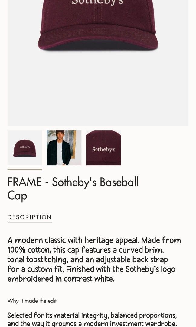 FRAME X Sotheby's Baseball Cap (Category: Caps & Hats) located in Bulacan. Submitted by ssirc (Listing ID 1456918342, Image 1). Description: FRAME X SOTHEBY'S BASEBALL CAP EXCELLENT CONDITION 1599 +SF PAYMENT 1ST GCASH J&T‼️.
