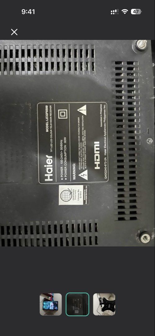 Haier LED TV 32” Model LE24F5500 (Category: TV) located in Makati City. Submitted by lessthan501 (Listing ID 1456822850, Image 2). Description: - Haier 32-inch LED TV - Model: LE24F5500 - Flat screen - Built-in receiver - Power consumption: 50W - HDMI compatible - Selling as is Rfs: walang backlight biglang nawala. Hehe. Makikita po sa 3rd picture na buo pa sya. Wala lang talagang back light. Last picture is the picture with backlight pa. With re