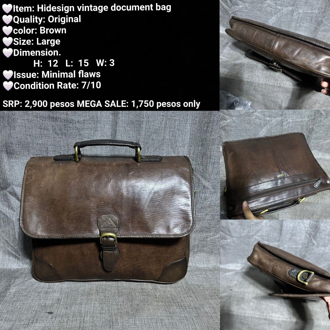 Hidesign Vintage Brown Leather Document Bag - Large (Category: Briefcases) located in Manila. Submitted by almonddy26 (Listing ID 1456939617, Image 1). Description: - Hidesign vintage document bag - Color: Brown - Size: Large - Dimensions: H: 12, L: 15, W: 3 - Condition: 7/10 (Original, minimal flaws) - Original Price: ₱2,900 - Mega Sale Price: ₱1,750 only!.