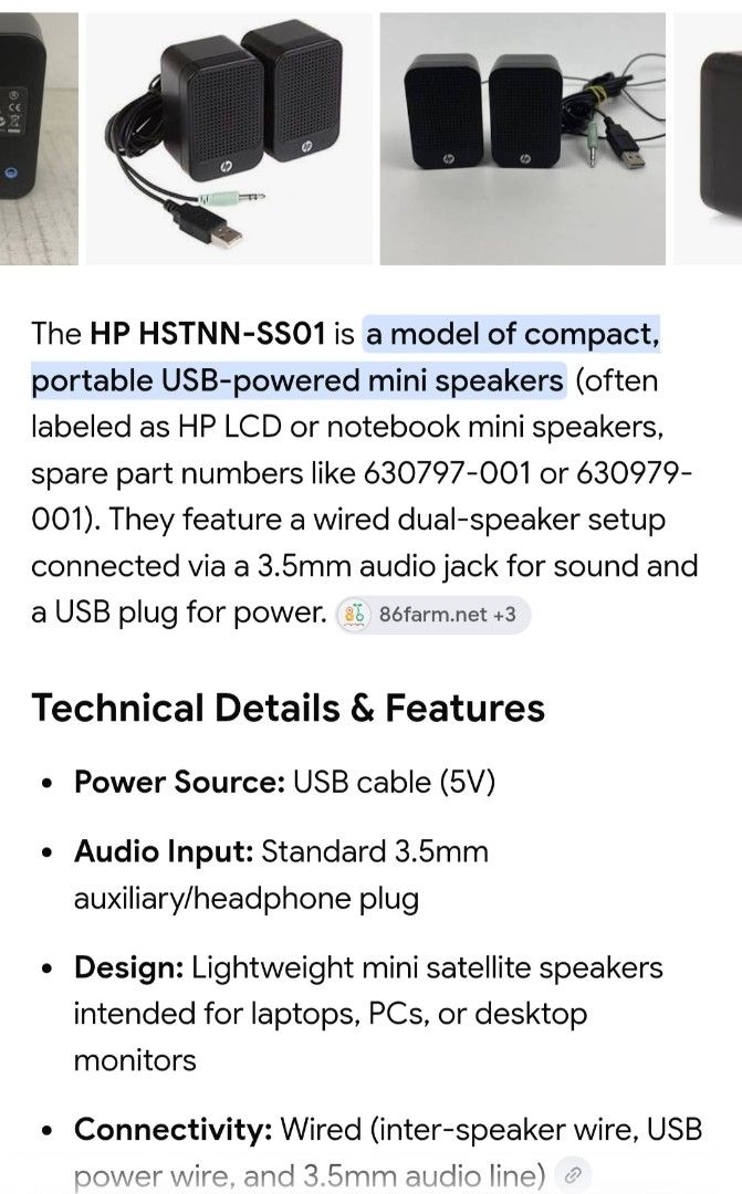 HP HSTNN-SS01 USB Powered Mini Speakers (Category: Soundbars, Speakers & Amplifiers) located in Rizal. Submitted by geniustito65 (Listing ID 1456820905, Image 3). Description: - HP Mini Speakers - USB Powered - 3.5mm Audio Jack Connection - Perfect for Laptops & PCs - Compact & Portable Design - Delivers Clear Sound for Music & Videos - Tested and Working.