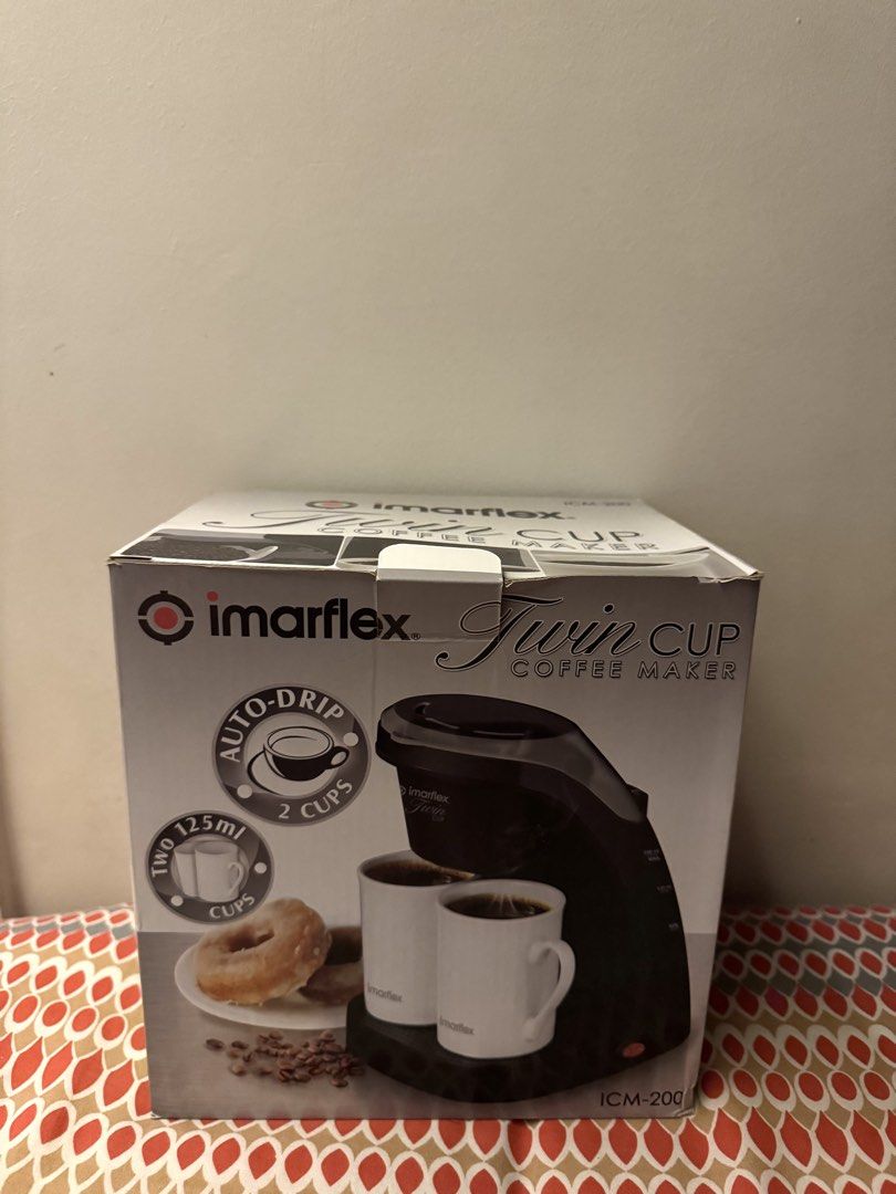 Imarflex Twin Cup Coffee Maker ICM-200 (Category: Coffee Machines & Makers) located in Manila. Submitted by carmela_andd (Listing ID 1456940443, Image 1). Description: - Imarflex Twin Cup Coffee Maker - Auto-drip style - Makes two cups simultaneously (125ml each) - Ideal for quick coffee preparation - Brand new item inside.