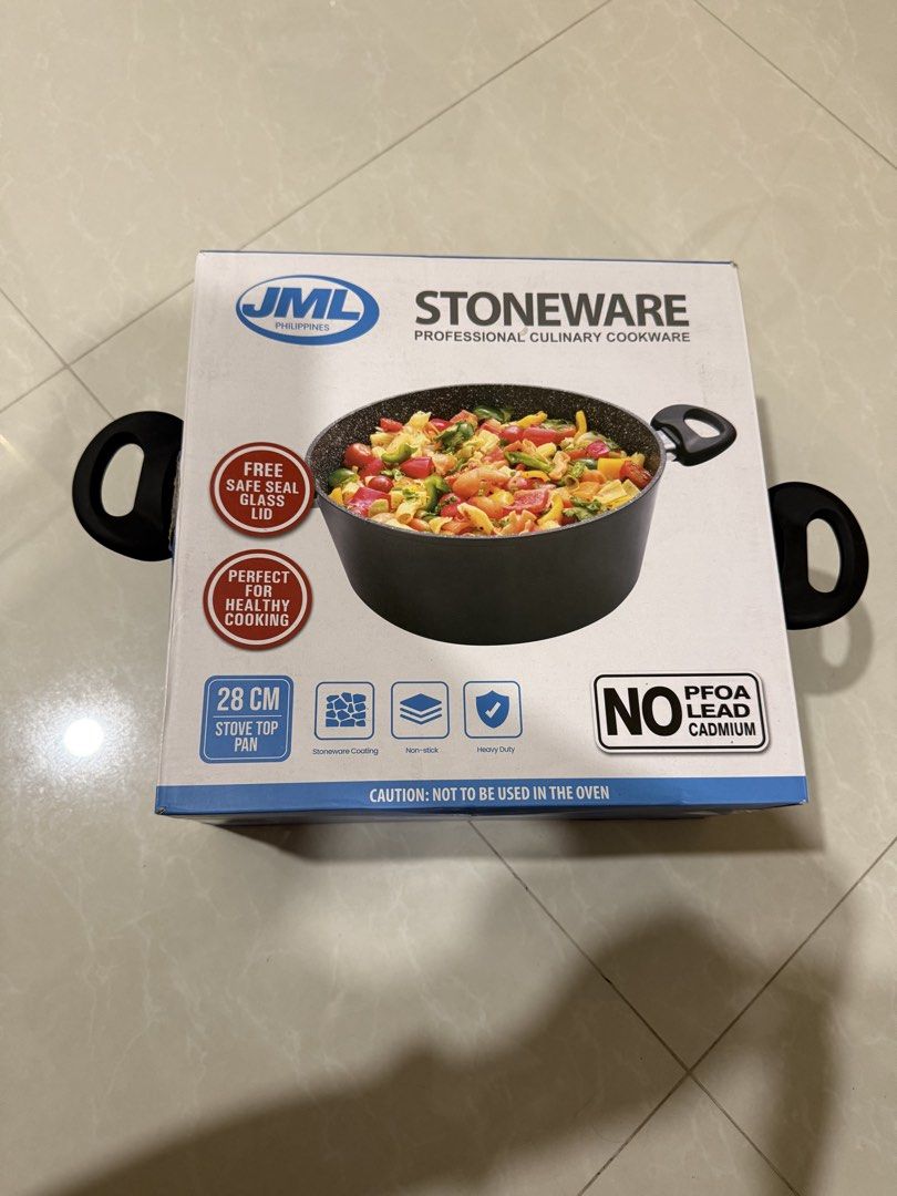 JML Stoneware Professional Culinary Cookware Stove Top Pan 28cm (Category: Cookware & Accessories) located in Pasig City. Submitted by summerda (Listing ID 1456917840, Image 1). Description: - JML 28cm Stoneware Stove Top Pan - Can be used for induction - Includes FREE Safe Seal Glass Lid - Non-Stick Surface for easy cooking and cleaning - Heavy Duty construction for lasting use - Ideal for Healthy Cooking (PFOA & lead/cadmium free) - Caution: No