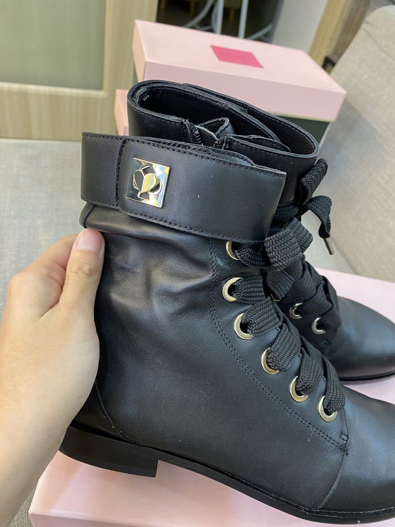 Kate Spade Black Leather Lace-Up Ankle Boots (Category: Boots) located in Cebu City. Submitted by jnnwright (Listing ID 1456835558, Image 2). Description: - Brand: Kate Spade - Material: Black Leather - Style: Ankle Boots - Closure: Lace-up front with gold hardware, side zipper, fold-over cuff with buckle - Sole: Flat - Features: Easy on/off, stylish fold-over cuff - Occasion: Great for everyday wear.