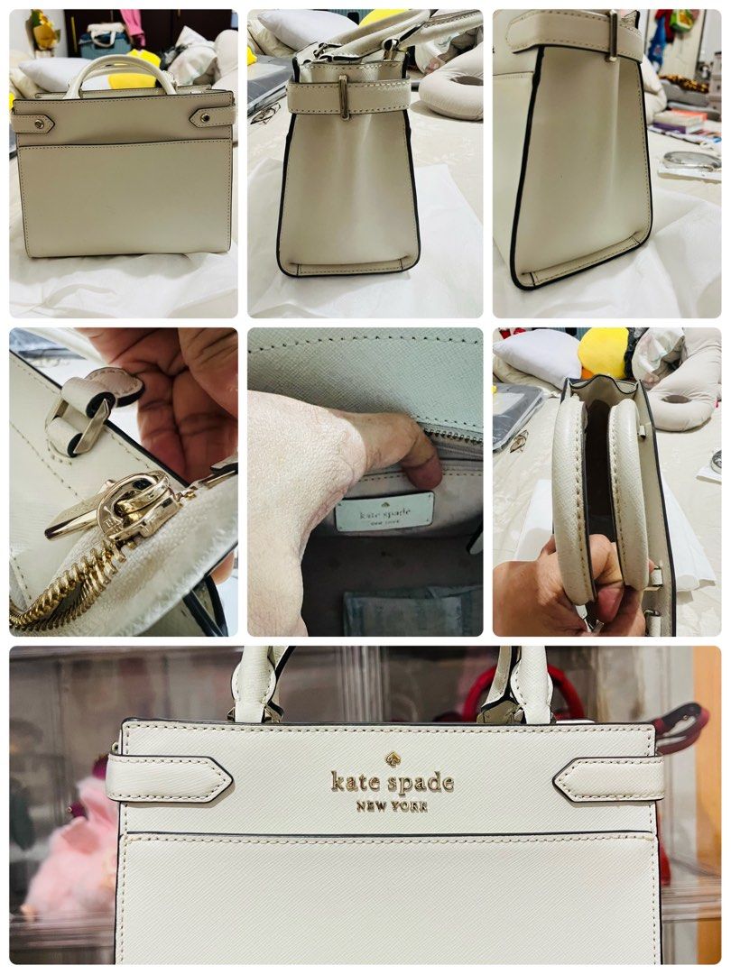 Kate Spade New York Staci Satchel (Category: Luxury Bags & Wallets) located in Las Pinas. Submitted by lyrehs1981 (Listing ID 1456924048, Image 2). Description: - Color: Parchment (an off-white shade with light beige undertones)Material: Saffiano - LeatherFeatures: Includes dual top handles, external front and back slip pockets, and an adjustable, detachable crossbody strap. - Includes original care card and tags. - Original retail price: $459.00