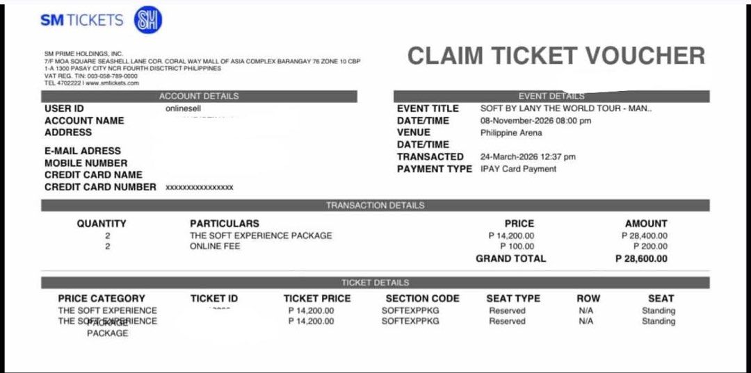 LANY CON TICKET 2026 (Category: Events Tickets) located in Manila. Submitted by emha0921 (Listing ID 1456795654, Image 1). Description: Lany in Bulacan • 1 The soft experience vip package • Nov 8, 2026 • ₱14,300 (negotiable) • Meet up around Bacoor / MOA (Kaliwaan) P.S Unclaimed tix sabay natin i-claim for your assurance..