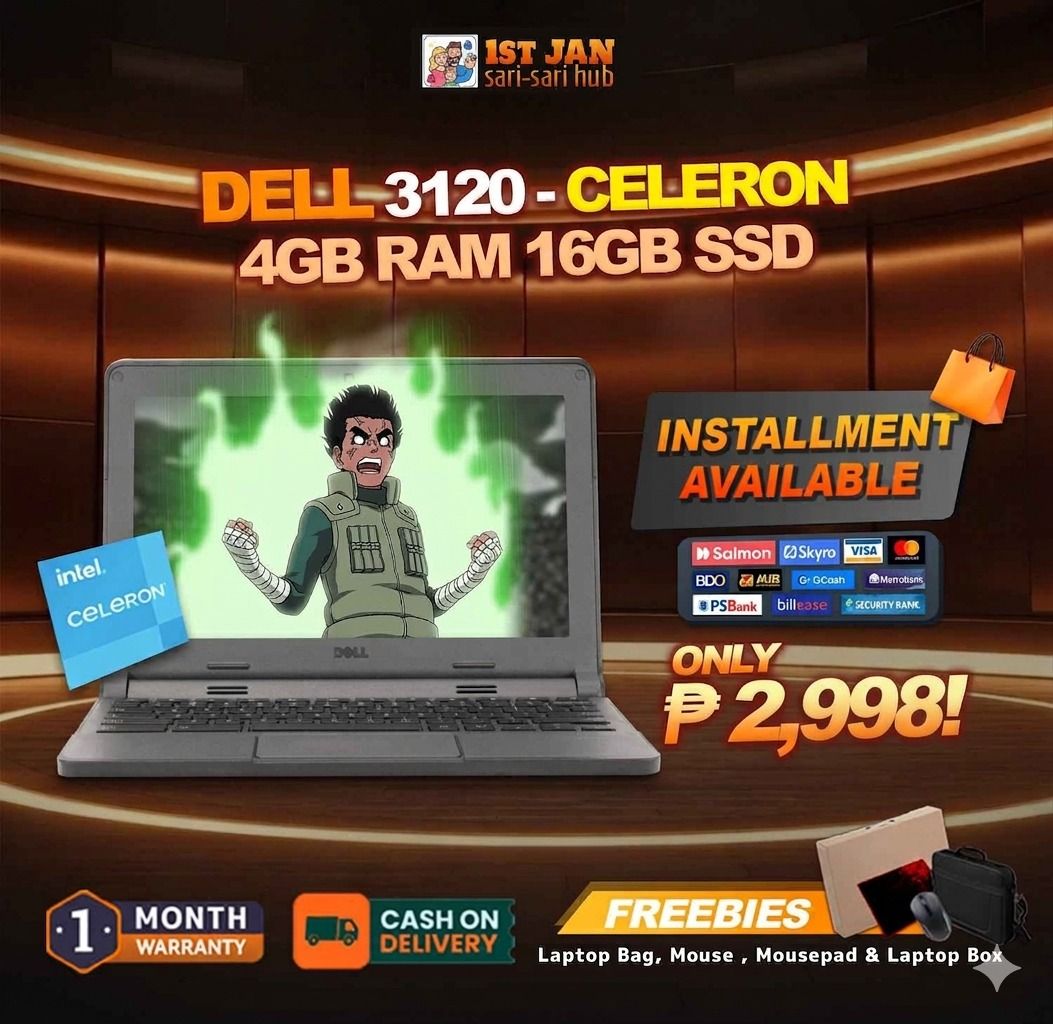 Laptop Dell 3120 Chromebook (Category: Laptops & Notebooks) located in Valenzuela. Submitted by adrianrg (Listing ID 1456800681, Image 1). Description: PROCESSOR: INTEL CELERON MEMORY: 4GB RAM MEMORY STORAGE: 16GB SSD CAMERA: BUILT-IN CAM WIFI: BUILT-IN DISPLAY SIZE: 11" SCREEN DISPLAY KEYBOARD: ENGLISH/JAPANESE PORTS: AUDIO JACK, USB,HDMI ISSUE: NONE FREEBIES: MOUSE MOUSEPAD LAPTOP BAG 💯 Good Working Condition 💯 Items are 100% Tested and Worki
