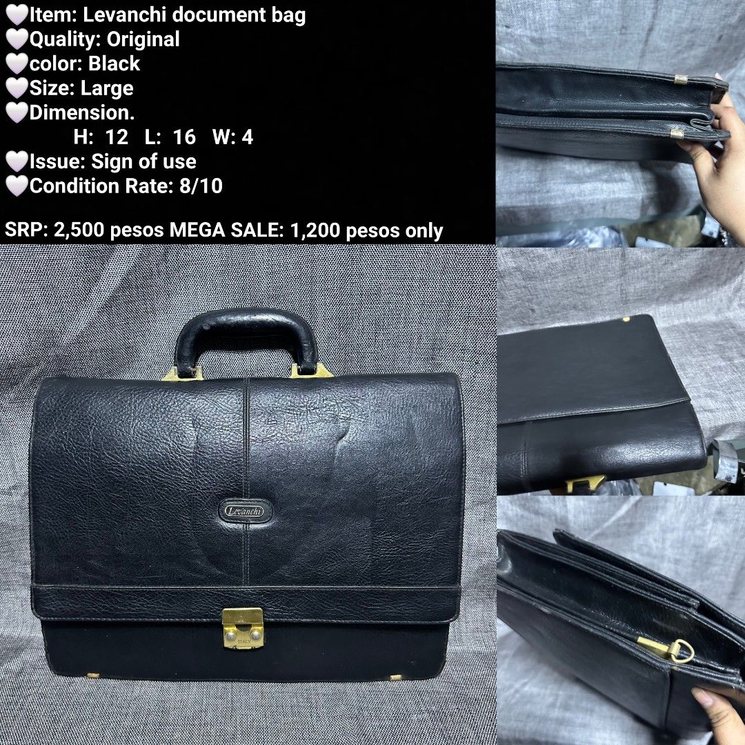 Levanchi Original Black Leather Large Document Bag (Category: Briefcases) located in Manila. Submitted by almonddy26 (Listing ID 1456939545, Image 1). Description: - Original Levanchi document bag - Color: Black - Size: Large (H: 12, L: 16, W: 4) - Condition: 8/10 (shows some signs of use) - Original Price: P2,500 - MEGA SALE Price: P1,200 - Ideal for work or travel.